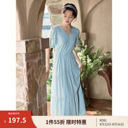 茵曼（INMAN）法式薄荷曼波連衣裙2024夏女裝新品V領(lǐng)燈籠袖抽繩 紺藍色 L