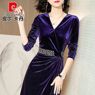 皮爾卡丹鑲鉆金絲絨連衣裙2025新款長(cháng)袖高檔包臀裙收腰顯瘦新中式遮肚裙子 藏青色 L 100-109斤