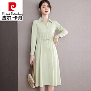 皮爾卡丹（pierre cardin）2025春新款收腰雪紡襯衫領(lǐng)連衣裙女修身顯瘦大擺仙女氣質(zhì)裙子 果綠 4XL