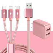 華為（HUAWEI）適用三合一充電器線(xiàn)快充一拖三數(shù)據(jù)線(xiàn)套裝帶插頭雙口usb充電線(xiàn)多 套裝--玫瑰金【一拖三數(shù)據(jù)線(xiàn)+雙USB口充電器】 2m