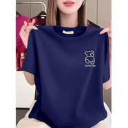 貝雅茜純棉正肩短袖t恤女2025夏季新款寬松上衣顯瘦大碼圓領(lǐng)印花打底衫 T-藏青色【comeoh熊】?jì)?yōu)質(zhì)純棉 M (建議100斤內)