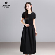 阿瑪施（AMASS）女裝新款裙子輕奢雅顯瘦中長(cháng)裙修身顯瘦氣質(zhì)連衣裙5500517 經(jīng)典黑 L （4碼）