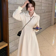 SKYHEART大碼華夫格長(cháng)袖連衣裙女秋冬2025胖mm收腰感氣質(zhì)dress 杏色 S