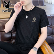 花花公子（PLAYBOY）男士冰絲短袖t恤2025夏新款高端圓領(lǐng)涼感體恤衫半袖上衣 698黑色 XL 130-145斤