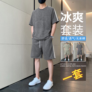 AFILMBY夏天T恤套裝男潮流男士休閑運動套裝短袖t恤套裝男夏季衣服男夏裝 5830深灰 XL (120-140斤)