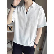 倉石一樹(shù) KAZUKI KURAISHI倉石一樹(shù)美式潮牌假兩件翻領(lǐng)POLO衫男夏季寬松V領(lǐng)冰絲短袖t恤上衣 白色 L 150-130斤