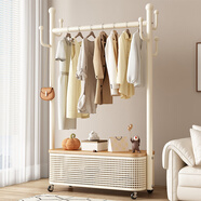 木樽蓋板衣帽架臥室掛衣架落地單桿可移動(dòng)家用客廳多功能帶輪晾衣服架 加粗100cm 白架+木紋色蓋板