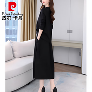 皮爾卡丹連衣裙女套裝裙2026年春秋季新款韓版時(shí)尚中年氣質(zhì)媽媽顯瘦兩件套 黑色 兩件套裙 3XL 建議130-150斤