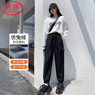 浪莎加絨工裝褲女秋冬季高腰束腳褲加長(cháng)寬松直筒褲黑色休閑運動(dòng)沖鋒褲