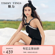 糖力【商場(chǎng)同款】掛脖小黑裙輕禮服女珍珠亮片點(diǎn)綴無袖露肩連衣裙 黑色 S