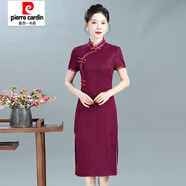 皮爾卡丹（pierre cardin）綠色高考送考旗袍夏季改良版旗開得勝新款旗袍媽媽裝彈力連衣裙女 紫紅色 紫薇高照 L 2x 建議103-116斤