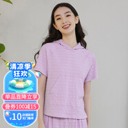 TOPNEW棉混紡橫紋皺布連帽女居家上裝 2023夏休閑短袖衫 紫色 M (165/90)
