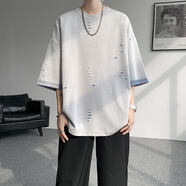 型楠宇胖子大碼破洞短袖t恤男款夏季小眾潮流設計感五分袖寬松半截袖男 灰藍色 L