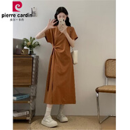 皮爾卡丹（pierrecardin）氣質(zhì)感黑色短袖T恤連衣裙女夏季大碼收腰遮肚子歐貨開叉裙子 桔紅色連衣裙[歐洲站別致連衣裙/ L [100-115斤]