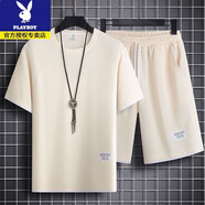 花花公子（PLAYBOY）冰絲男士短袖T恤套裝夏季2025新款華夫格寬松透氣整套運(yùn)動(dòng)T恤短褲 TZ03華夫格短褲套裝杏高品質(zhì)收藏 M L 建議160-175c100-115斤