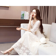 啄木鳥(niǎo)（TUCANO）夏季2025新款長(cháng)款蕾絲連衣裙女韓版氣質(zhì)修身顯瘦高腰長(cháng)裙春夏裙子 白色中/袖3053 M