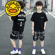 G.DUCKKIDS品牌童裝6兒童套裝男童夏裝短袖男孩夏季兩件套8歲中大童夏天衣服 格子褲短袖套裝【黑色】 150