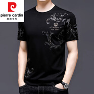 皮爾卡丹（pierre cardin）冰絲光棉短袖T恤男裝新款夏季半袖體寬松印花上衣服汗衫男t體恤 X-932黑色 XL 175