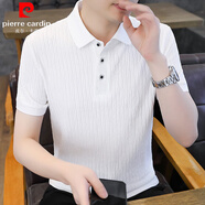 皮爾卡丹夏季新款翻領(lǐng)冰絲短袖t恤男潮牌樹皮紋抗皺POLO 衫涼感半袖體恤衫 純白 XL