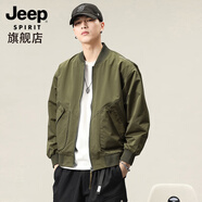 JEEP SPIRIT美式男士夾克衫2025秋季薄款工裝上衣男飛行夾克冬季加厚保暖外套 軍綠色 【春秋厚度】 XL 【135-150斤】