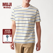 無印良品 MUJI 男式 印度棉天竺編織 條紋短袖T恤 暗黃色X橫條 L