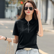 紫魅俏短袖t恤女2021新款夏季翻領(lǐng)上衣POLO領(lǐng)純色修身百搭竹節棉polo衫 黑色 S