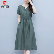 皮爾卡丹（pierre cardin）大碼2025新款韓版抽繩收腰氣質(zhì)顯瘦短袖中長(cháng)裙女純色棉麻連衣裙子 墨綠色 M (建議90-100斤)