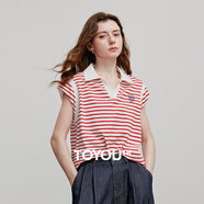初語(yǔ)撞色拼接設計POLO領(lǐng)短袖T恤女2025夏季新款純棉上衣 紅白條  L 