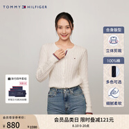TOMMY HILFIGER【復(fù)古絞花】春秋季女裝純棉肌理感圓領(lǐng)內(nèi)搭打底衫開衫針織衫毛衣 【撞色絞花開襟】-  白色YBL S （推薦：100-110斤）