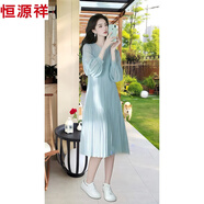 恒源祥法式高級感藍色雪紡收腰連衣裙子2025春季新款減齡百搭圓領(lǐng)長(cháng)款裙 藍色連衣裙 M 建議80-100斤