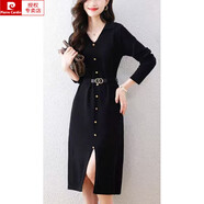 皮爾卡丹（pierre cardin）2025秋冬新款針織連衣裙女顯瘦氣質(zhì)中長(zhǎng)裙修身毛衣裙潮流時(shí)尚簡(jiǎn)約 黑色 均碼