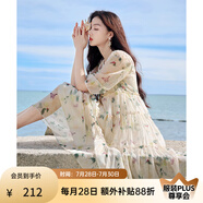 香影（xiangying）碎花連衣裙女2025年夏季新款系帶木耳邊仙氣海邊飄逸寬松裙子 米色 S