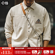 馬登工裝 美式復(fù)古長袖襯衫男印第安圖騰拼接口袋疊穿純棉襯衣秋季 米白色 L