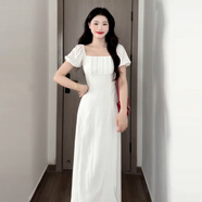 FHHUABD法式氣質(zhì)方領(lǐng)白色連衣裙子女裝2025夏季新款大方得體收腰短袖長(zhǎng)裙 [白色]連身裙/連衣裙2025新款今 40/45kg/S 均碼