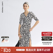 朗姿法式雛菊印花v領開衩茶歇裙設計感2025年夏季新款氣質碎花裙 黑色 2XL