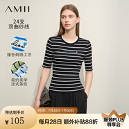 AMII2025夏新款圓領(lǐng)刺繡條紋衫中袖五分袖毛針織衫女修身顯瘦12422053 黑色 155/80A/S
