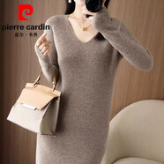 皮爾卡丹（pierre cardin）高端品牌潮流百搭包臀裙中長(cháng)款女士連衣裙寬松加厚毛衣女秋冬新款 皮爾卡丹   V領(lǐng)款  深駝色 L