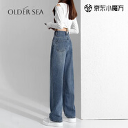 OLDER SEA復(fù)古藍(lán)高腰闊腿牛仔褲女夏季2025新款直筒寬松小個(gè)子拖地褲子女 復(fù)古藍(lán) M 建議100-110斤
