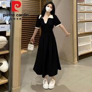 皮爾卡丹（pierre cardin）大碼微胖mm夏季高腰polo領連衣裙女韓版泡泡袖甜美粉色a字長裙子 黑色 2XL 【建議140-160斤】
