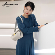 珂曼女裝春秋新款純色休閑簡(jiǎn)約長(cháng)袖套頭圓領(lǐng)長(cháng)款裙子連衣裙女 38 均碼 琉璃藍