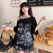 簡霏斜肩上衣女寬松 大碼甜酷風(fēng)斜露肩短袖t恤女夏設(shè)計(jì)感小眾寬松甜辣 黑色 【夏日優(yōu)選】 2XL 【建議126-150斤】