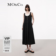 MO&Co.連衣裙夏機能風金屬拉鏈開襟U領高腰抽繩寬松量感A字裙摩安珂 黑色 M 165