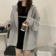 以純（YISHion）2025早春新款寬松bf慵懶風(fēng)連帽長(zhǎng)袖衛(wèi)衣女加絨加厚秋冬季女裝外套 灰色 M 80-100斤