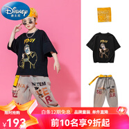 迪士尼（Disney）兒童街舞潮服套裝男童嘻哈破洞牛仔褲hiphop演出服夏女童爵士舞服 黑色BOY+牛仔長(zhǎng)褲+黃色方巾+腰帶 150