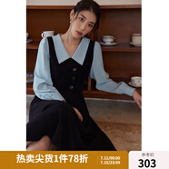 獨束大碼女裝假兩件撞色襯衫領連衣裙女秋冬微胖mm文藝復古穿搭裙子 墨染黑【適合165左右】 L