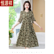 恒源祥中老年女裝夏裝T恤媽媽短袖連衣裙寬松大碼女上衣連衣裙棉綢印花 森林 XL 建議80-100斤