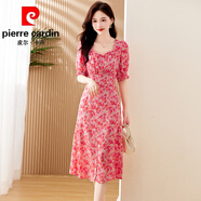 皮爾卡丹（pierre cardin）真絲碎花連衣裙女歐美女裝高端時(shí)尚桑蠶絲垂墜感漂亮氣質(zhì)法式裙子 粉色 M