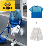 G.DUCKKIDS男童夏季漸變短袖T恤潮2025新款中大童半袖薄款男孩痞帥體恤上衣 藍(lán)色套裝[T恤+工裝褲] 150