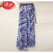 浪莎一片式印花系帶裹身裙度假風(fēng)高腰開(kāi)叉雪紡包臀裙半身不規則沙灘裙 幾何圖形 均碼