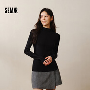 森馬（Semir）長(cháng)袖t恤女短款半高領(lǐng)薄絨輕暖打底衫2024冬新款純色修身抓絨內搭 黑色90001 L